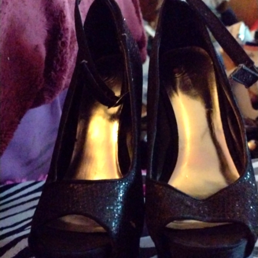 8 M "D"® Black Satin Platform Heels, Sparkling Snakeskin, Thin Ankle Straps